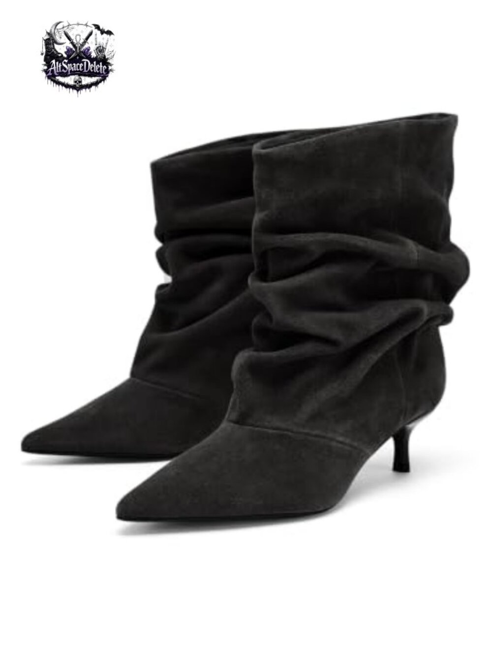 Slouchy Ankle Boots Kitten Heel Pointed Toe Pull On Suede Booties
